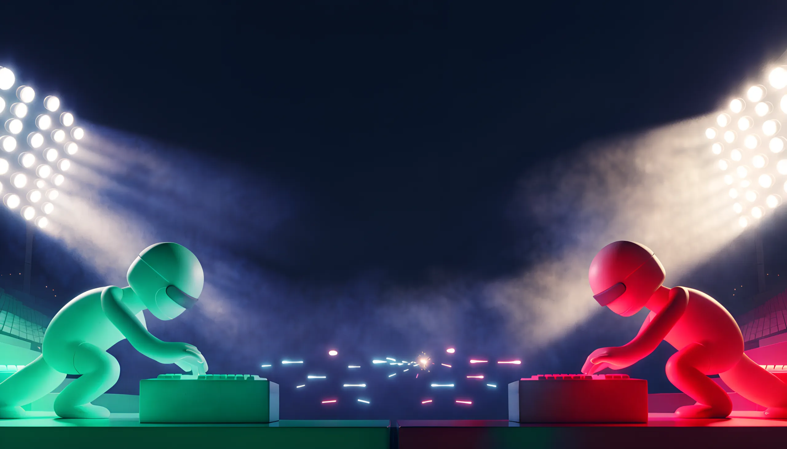 Two helmeted players face off under floodlights in a neon arena.